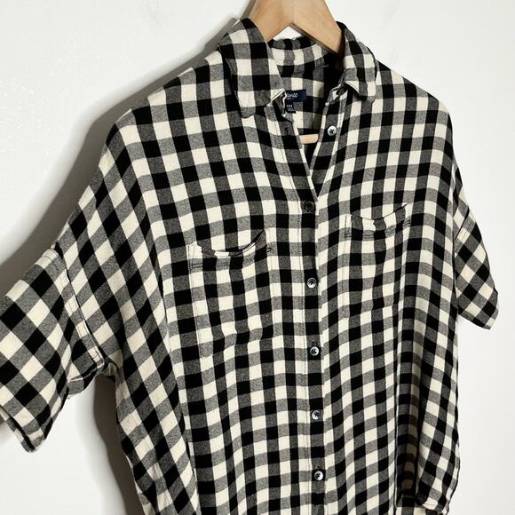 Madewell Womens Flannel Courier Shirt XXS Black Cream Check V Neck Short Sleeve - Picture 3 of 9